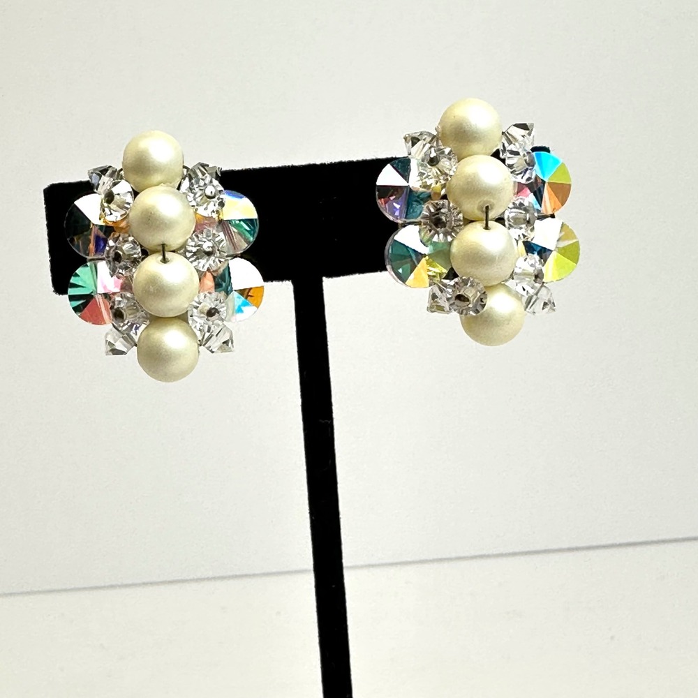 Vintage Faux Pearl Aurora Borealis Crystal Cluster Clip On Earrings Silver Tone